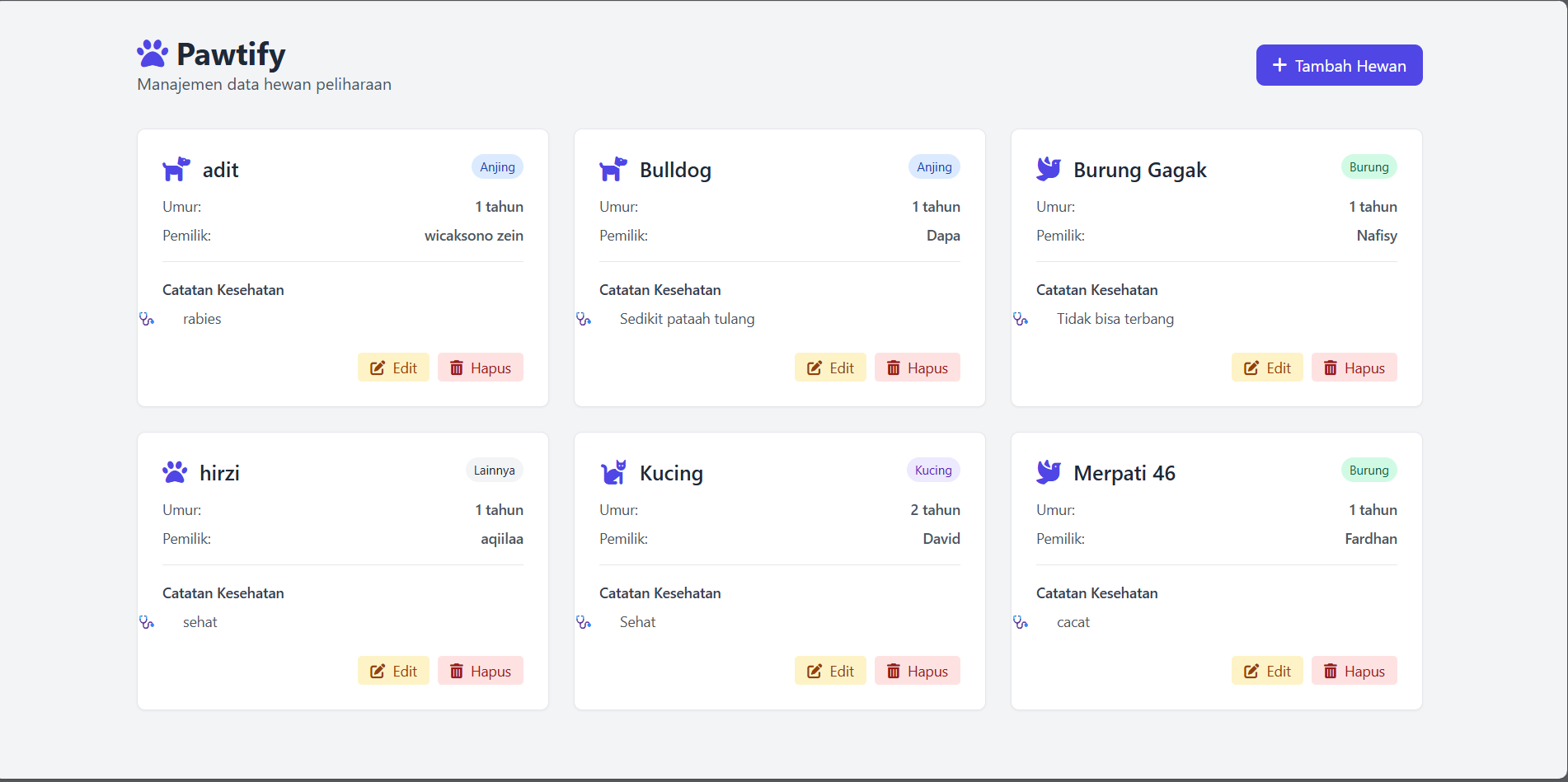 Animal Organizer Website